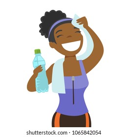 Young african-american sporty woman drinking water and wiping sweat with a towel after workout. Healthy lifestyle concept. Vector cartoon illustration isolated on white background. Square layout.