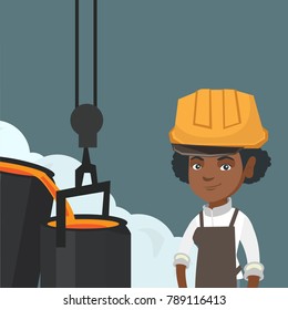 Young african-american steelworker in a hard hat controlling the iron smelting process in the foundry. Industrial steelworker at work in steel making plant. Vector cartoon illustration. Square layout.