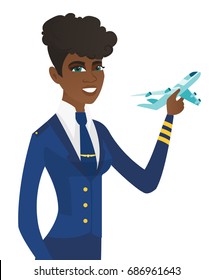 Jóvenes asistentes afroamericanos sosteniendo un modelo de avión en mano. Guardias uniformados con modelo de avión. Ilustración de diseño plana vectorial aislada en fondo blanco.