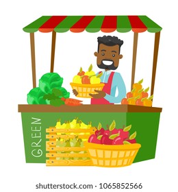 Young african-american street seller standing behind market stall with fruit and vegetables and holding basket with apples. Vector cartoon illustration isolated on white background. Square layout.