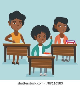 Young african-american student raising her hand for an answer in the classroom. Happy smart student sitting at the desk with raised hand at the lesson. Vector cartoon illustration. Square layout.