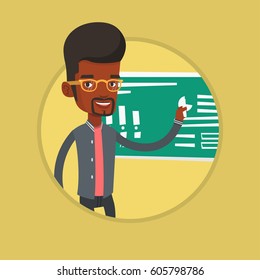 Young african-american teacher standing in front of the blackboard with a piece of chalk in hand. Teacher writing on a chalkboard. Vector flat design illustration in the circle isolated on background.