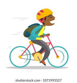 Young african-american teenage boy with backpack riding a bicycle to school. Teenager in helmet riding a bike. Healthy lifestyle concept. Vector cartoon illustration isolated on white background.