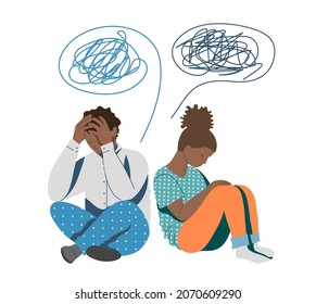 Young African-American teenagers, a couple of a girl and a boy sitting back to back, sad and angry at each other with confused thoughts. Separation, relationship problems, the concept of separation.