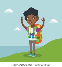 Young african-american tourist with a backpack standing on the cliff with raised hands and enjoying the scenery. Happy tourist hiking in the mountains. Vector cartoon illustration. Square layout.