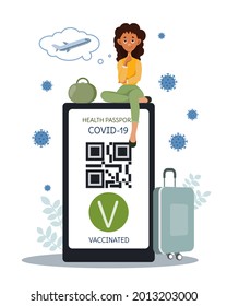 A young African-American tourist in a medical mask uses an electronic medical passport with a QR code for traveling. Health passport. Vector conceptual illustration about traveling during the pandemic