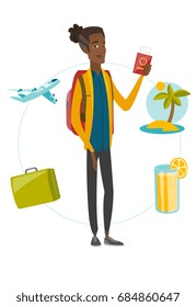 Young african-american traveler holding passport with ticket on airplane. Happy traveler holding passport and ticket on holiday. Vector flat design cartoon illustration isolated on white background.