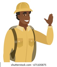 Young african-american traveler waving his hand. Glad traveler making greeting gesture - waving hand. Vector flat design illustration isolated on white background.