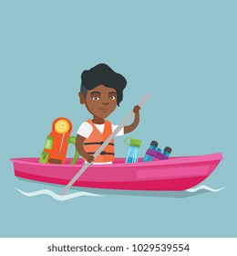 Young african-american traveler woman riding a kayak on the river. Cheerful traveler woman traveling by kayak. Concept of travel and tourism. Vector cartoon illustration. Square layout.