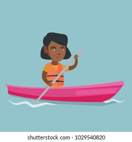 Young african-american traveler woman traveling by kayak. Sportswoman riding a kayak on river. Traveling woman paddling a canoe. Sport and tourism concept. Vector cartoon illustration. Square layout.