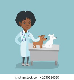 Young african-american veterinarian doctor examining pets in hospital. Veterinarian doctor stroking dogs at vet clinic. Concept of medicine and pet care. Vector cartoon illustration. Square layout.