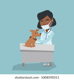 Young african-american veterinarian doctor in medical mask examining a dog with a stethoscope in hospital. Veterinarian doctor with a dog at vet clinic. Vector cartoon illustration. Square layout.