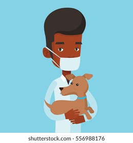 Young african-american veterinarian holding dog. Veterinarian in medical mask carrying a dod. Veterinarian examining dog. Medicine and pet care concept. Vector flat design illustration. Square layout.