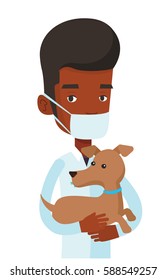 Young african-american veterinarian holding dog. Veterinarian in medical mask carrying a dog. Veterinarian examining dog. Pet care concept. Vector flat design illustration isolated on white background