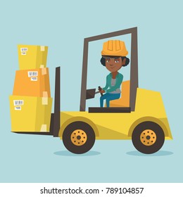 Young african-american warehouse worker in hard hat loading cardboard boxes. Female warehouse worker driving forklift with cardboard boxes. Vector cartoon illustration. Square layout.