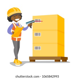 Young african-american warehouse worker scanning barcode on box. Warehouse staff checking barcode of boxes with a scanner. Distribution and storage concept. Vector cartoon illustration. Square layout.