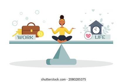 A young African-American woman is balancing between work and life. Career or family relationships. Choice. Vector illustration in cartoon style