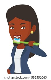 Young african-american woman brushing her teeth. Woman cleaning teeth. Woman taking care of her teeth. Happy girl with toothbrush in hand. Vector flat design illustration isolated on white background