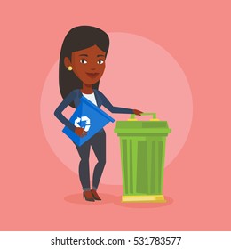 Young african-american woman carrying recycling bin. Smiling woman holding recycling bin while standing near a trash can. Waste recycling concept. Vector flat design illustration. Square layout.