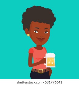 Young african-american woman celebrating with beer. Smiling woman holding a big glass of beer. Full length of female beer fan. Vector flat design illustration. Square layout