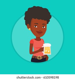 Young african-american woman celebrating with beer. Smiling woman holding a big glass of beer. Cheerful woman drinking beer. Vector flat design illustration in the circle isolated on background.