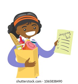 Young African-american Woman Checking Shopping List In The Grocery Store. Smiling Woman Holding Shopping List And Paper Bag With Products. Vector Cartoon Illustration Isolated On White Background.