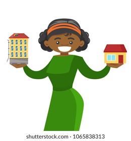 Young african-american woman choosing between town apartment and suburban house. Real estate agent holding house and apartment building. Vector cartoon illustration isolated on white background.