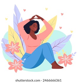 Young African-American woman doing stretching in front of plants.  Self-care, relaxation, yoga, healthy lifestyle. Conceptual illustration of relaxation, recreation, healthy lifestyle.Vector
