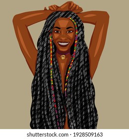 A young African-American woman with dreadlocks. Postcard, cover, poster, background, picture.