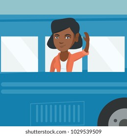 Young african-american woman enjoying her trip by bus. Passenger waving hand from the bus window. Cheerful tourist peeking out of bus window and waving hand. Vector cartoon illustration. Square layout