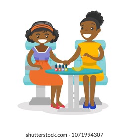 Young african-american woman getting manicure at the beauty salon. Manicurist painting nails of client with red nail polish. Vector cartoon illustration isolated on white background. Square layout.