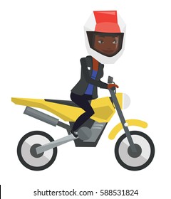 Young african-american woman in helmet riding a motorcycle. Woman driving a motorcycle. Woman riding a motorcycle. Vector flat design illustration isolated on white background.