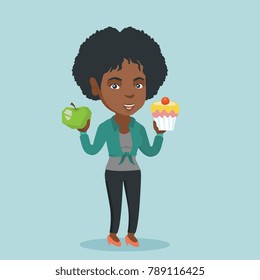 Young african-american woman holding an apple and a cupcake in hands and choosing between them. Concept of choice between healthy and unhealthy nutrition. Vector cartoon illustration. Square layout.