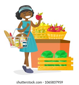 Young african-american woman holding basket with some products in it. Woman buying products at the supermarket and putting them into the shopping basket. Vector cartoon illustration. Square layout.