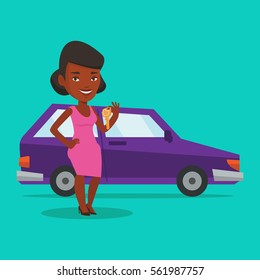 Young african-american woman holding keys to her new car. Happy woman showing key to her new car. Smiling woman standing on the backgrond of her new car. Vector flat design illustration. Square layout