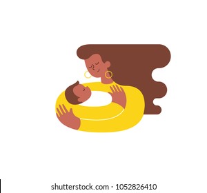 Young African-American woman hugging and cuddling her baby boy or girl and nursing him. Mother embracing newborn son and expressing love and care. Modern illustration. Isolated. Vector