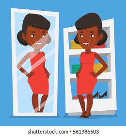 Young african-american woman looking at himself in dressing room. Happy woman trying on dress in dressing room. Woman choosing clothes in dressing room. Vector flat design illustration. Square layout.