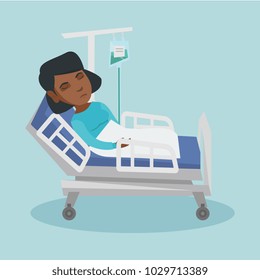 Young african-american woman lying in hospital bed with a drop counter during medical procedure. Patient resting in hospital bed. Vector cartoon illustration. Square layout.