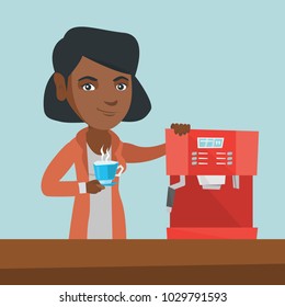 Young african-american woman making coffee with a coffee-machine. Woman holding a cup of hot coffee in hand. Smiling woman standing beside a coffee machine. Vector cartoon illustration. Square layout.