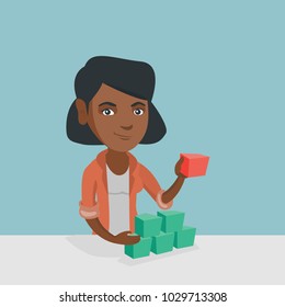 Young african-american woman making pyramid of network avatars. Smiling woman building her social network. Networking and communication concept. Vector cartoon illustration. Square layout.