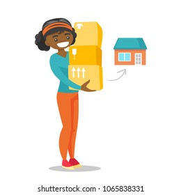 Young african-american woman moving to a new house and carrying boxes. New homeowner holding cardboard boxes. Vector cartoon illustration isolated on white background. Square layout.