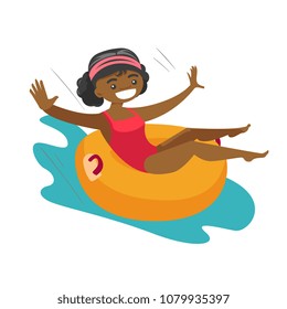 Young african-american woman on rubber ring riding down a waterslide at the aquapark. Happy woman having fun on a water slide in waterpark. Vector cartoon illustration isolated on white background.