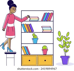 Joven afroamericana organizando una estantería en casa. Señora arreglando libros y plantas en la sala de estar. Ilustración vectorial de decoración de estante y organización del hogar.