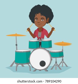 Young african-american woman playing the drums. Mucisian playing the drums. Smiling woman playing the drum kit. Happy woman sitting behind the drum kit. Vector cartoon illustration. Square layout.