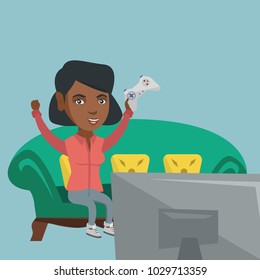 Young african-american woman playing video game. Excited woman with console in hands playing video game at home. Woman celebrating her victory in video game. Vector cartoon illustration. Square layout