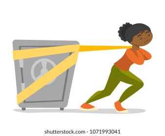 Young African-american Woman Pulling Heavy Safe Symbolizing Student Loan And Debt. Concept Of The High Cost Of Student Loan. Vector Cartoon Illustration Isolated On White Background. Horizontal Layout