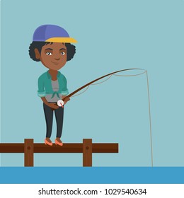 Young african-american woman relaxing during fishing on jetty. Cheerful fisherwoman fishing on lake. Angler standing on the jetty with fishing-rod in hands. Vector cartoon illustration. Square layout.