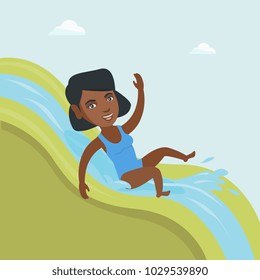 Young african-american woman riding down a waterslide in aquapark. Happy woman having fun on a water slide in waterpark. Woman going down a water slide. Vector cartoon illustration. Square layout.