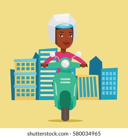 Young african-american woman riding a scooter on a city background. Woman in helmet driving a scooter in the city street. Happy woman driving a scooter. Vector flat design illustration. Square layout.