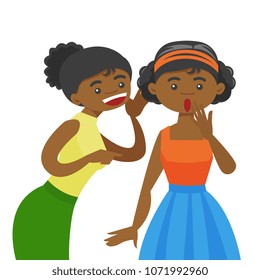 Young african-american woman shielding her mouth and whispering a gossip to her friend. Two female friends discussing gossips. Vector cartoon illustration isolated on white background. Square layout.